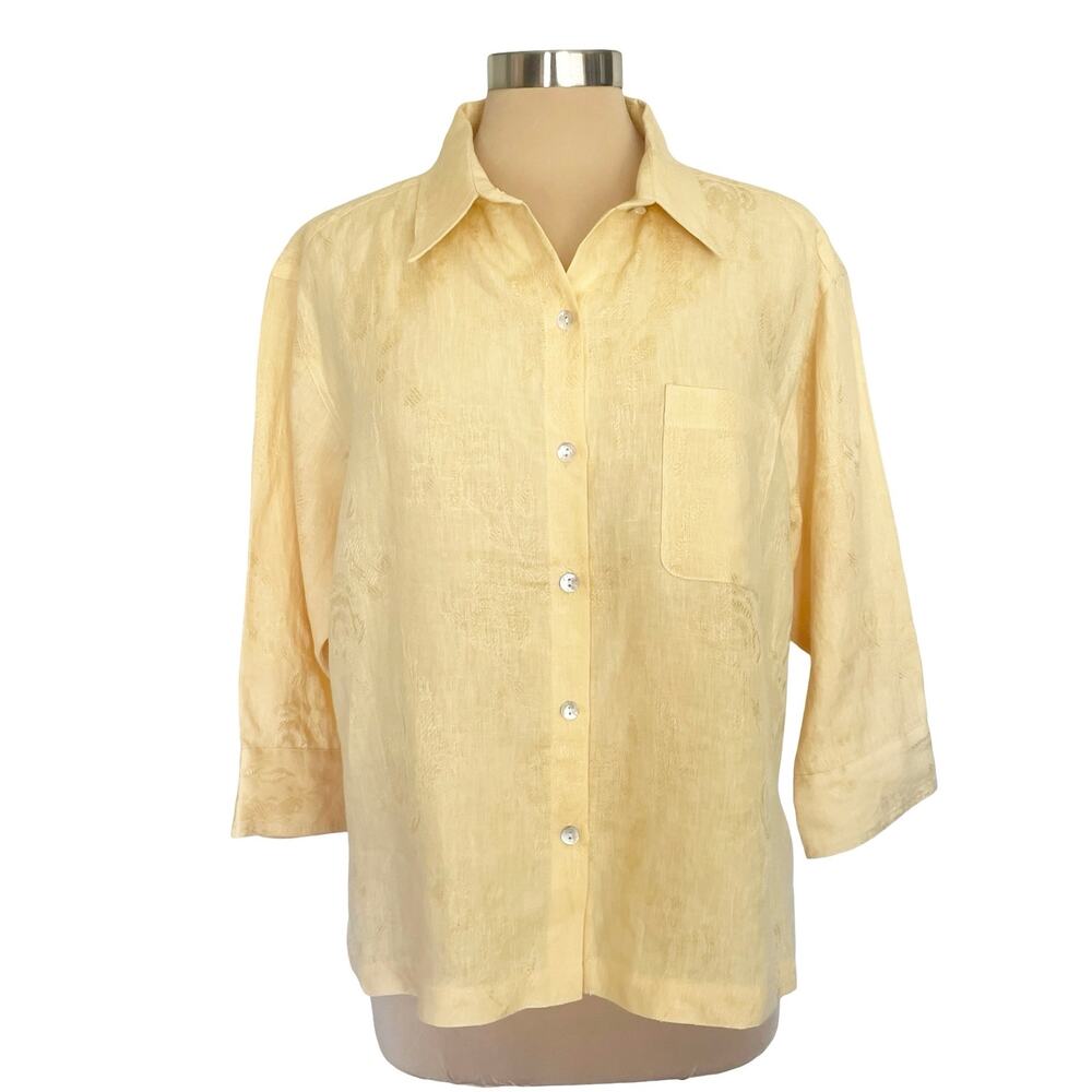 Chico's Butter Yellow Linen Button Down Shirt Size L/12 Classic Minimalist Chic